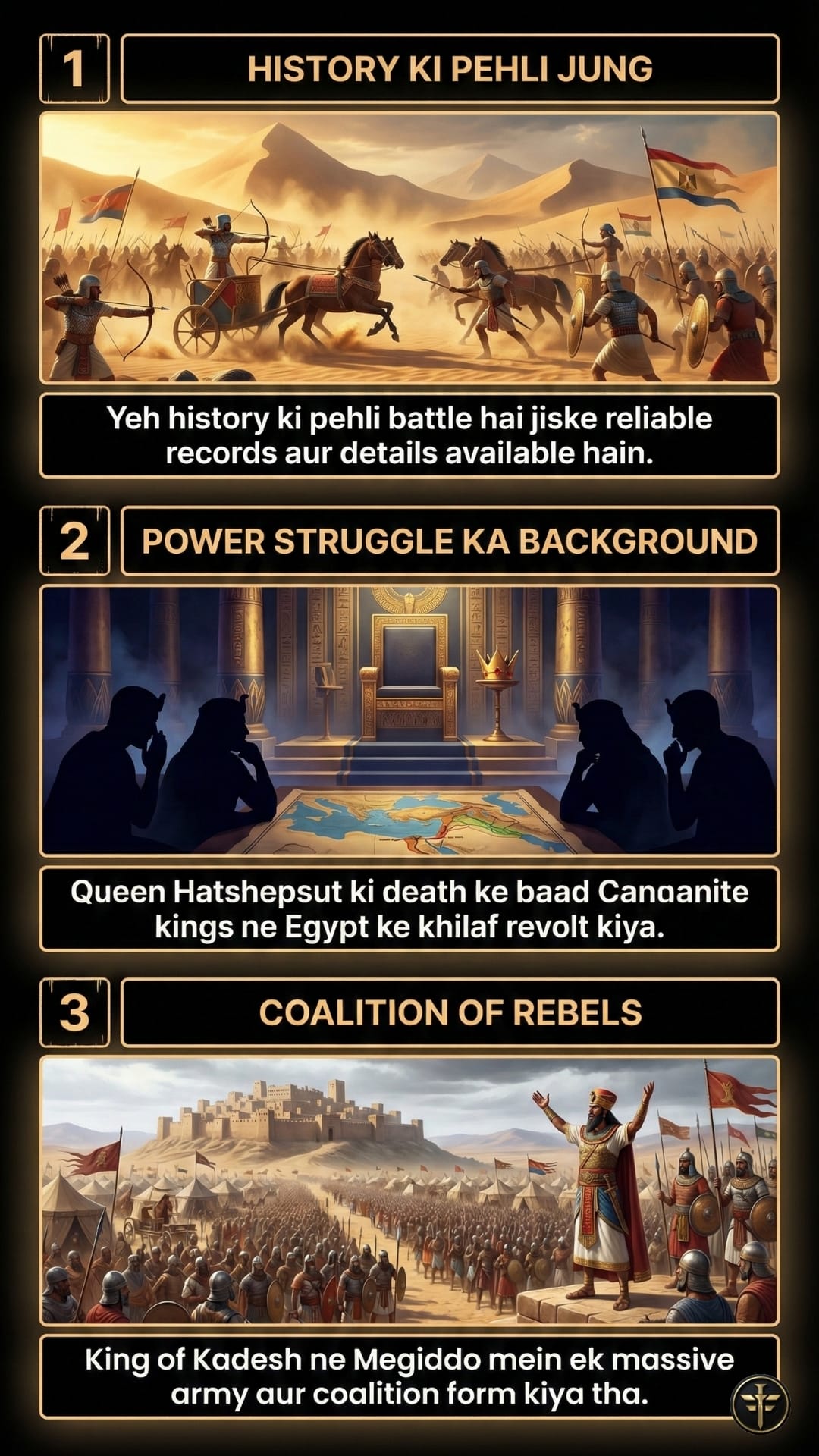 Infographic part 1 describing the background of the Battle of Megiddo. Panel 1 is titled 'History Ki Pehli Jung' and illustrates ancient armies clashing in a desert, marking the first recorded battle in history. Panel 2, 'Power Struggle Ka Background,' depicts silhouettes of kings plotting a revolt after the death of Queen Hatshepsut. Panel 3, 'Coalition of Rebels,' shows the King of Kadesh gathering a massive army and forming a coalition outside the walled city of Megiddo.