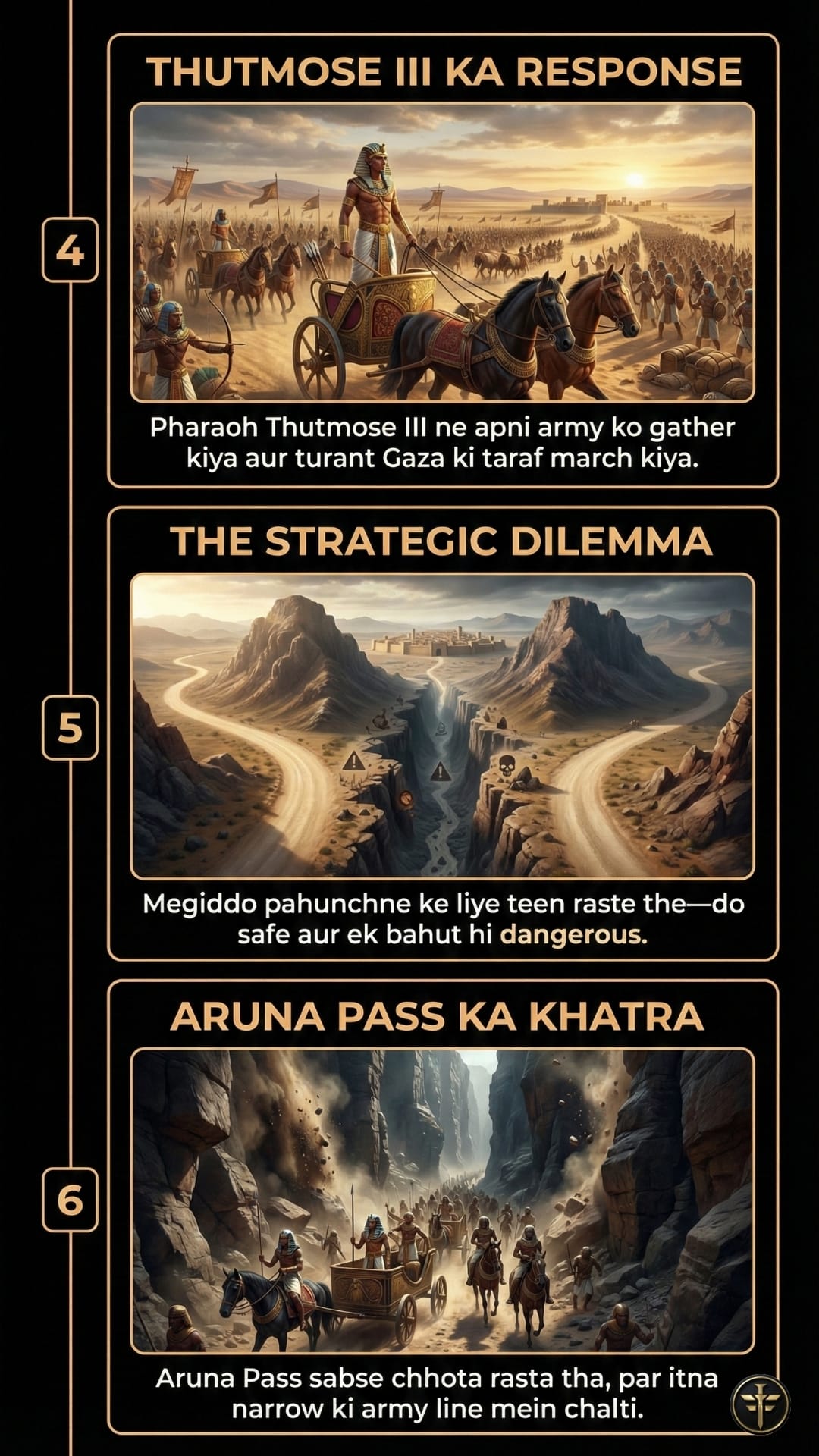 Infographic part 2 focused on Thutmose III’s response. Panel 4 shows the Pharaoh leading his army on chariots towards Gaza. Panel 5, titled 'The Strategic Dilemma,' visualizes a fork in the road with three paths to Megiddo—two safe and one dangerous. Panel 6, 'Aruna Pass Ka Khatra,' depicts the Egyptian army's difficult prospect of navigating the narrow and treacherous Aruna Pass, where soldiers must walk single file.