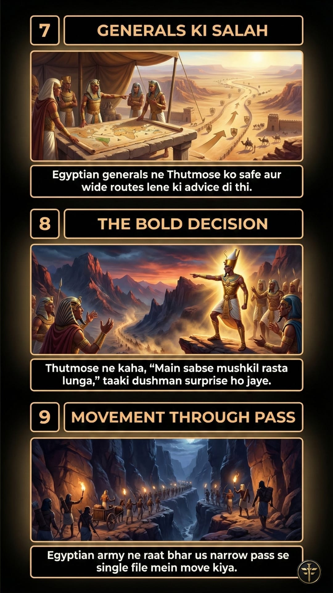 Infographic part 3 illustrating the tactical planning. Panel 7, 'Generals Ki Salah,' shows Egyptian generals in a tent advising Thutmose to take the wide, safe routes. Panel 8, 'The Bold Decision,' depicts Thutmose III standing heroically, choosing the most difficult path to surprise the enemy. Panel 9, 'Movement Through Pass,' illustrates the Egyptian army moving secretly through the narrow canyon pass at night with torches.