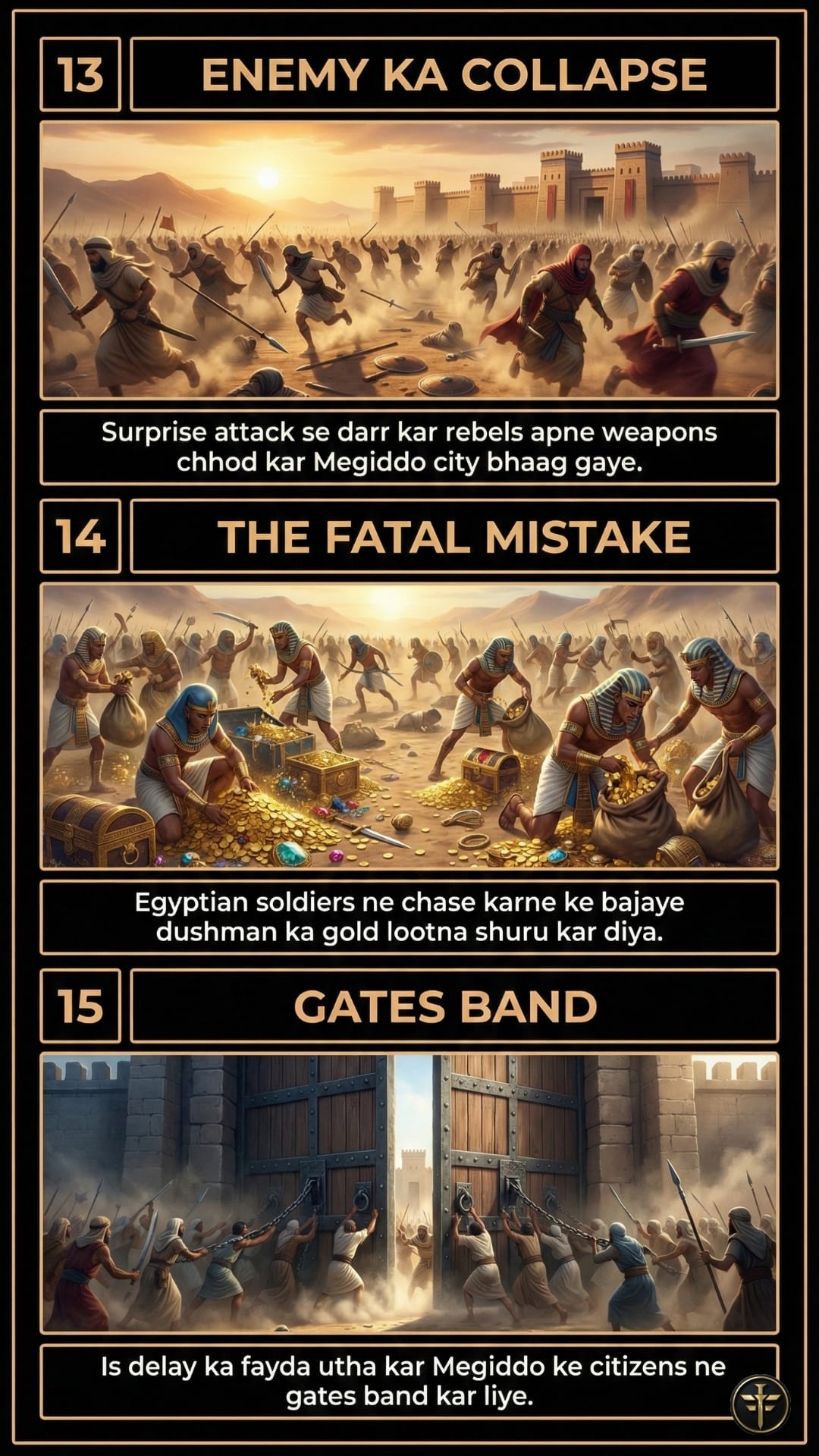 Infographic part 5 showing the turning point of the battle. Panel 13, 'Enemy Ka Collapse,' depicts rebel soldiers panic-fleeing towards Megiddo city. Panel 14, 'The Fatal Mistake,' shows Egyptian soldiers stopping to loot gold and treasure instead of chasing the retreating enemy. Panel 15, 'Gates Band,' illustrates the citizens of Megiddo closing the city gates during the delay, locking the rebels out (or pulling them up the walls).
