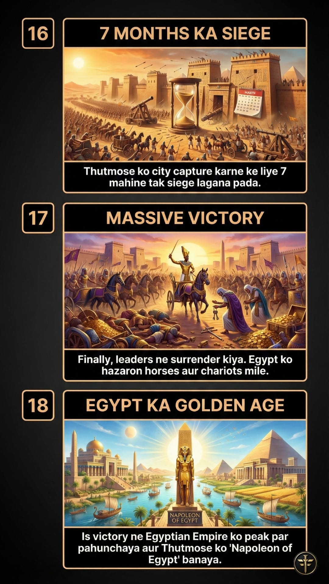 Infographic part 6 concluding the Battle of Megiddo. Panel 16, '7 Months Ka Siege,' shows the long siege required to capture the city after the initial delay. Panel 17, 'Massive Victory,' depicts the final surrender of the rebel leaders and the capture of horses and chariots. Panel 18, 'Egypt Ka Golden Age,' illustrates the prosperity of the Egyptian Empire and Thutmose III being celebrated as the 'Napoleon of Egypt.'